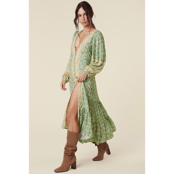 SPELL Madame Peacock Button Through Maxi Gown Emerald Green Womens XS Boho Chic - Picture 7 of 13